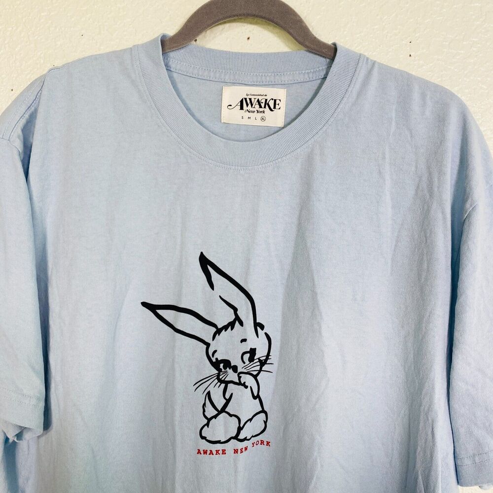 Awake New York Shirt Men Extra Large Bunny Rabbit Graphic Tee Baby Blue Crewneck - Picture 3 of 10